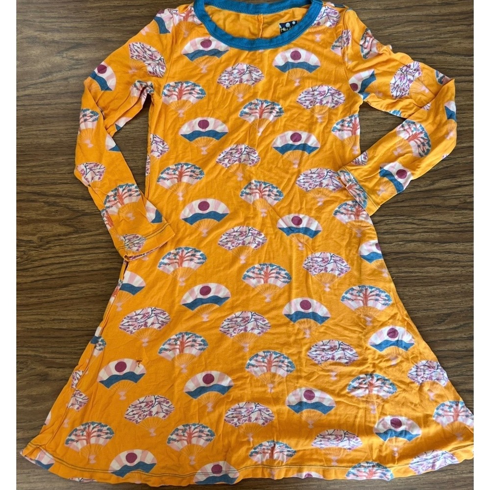 Kickee Kids Orange Fan Print Bamboo Viscose Pocket Swing Dress XS 5/6 * see note